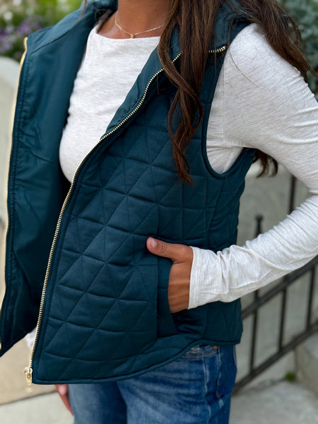 Quin Quilted Gold Full Zip Hooded Vest [mocha, evergreen, taupe]