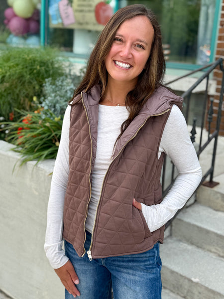 Quin Quilted Gold Full Zip Hooded Vest [mocha, evergreen, taupe]