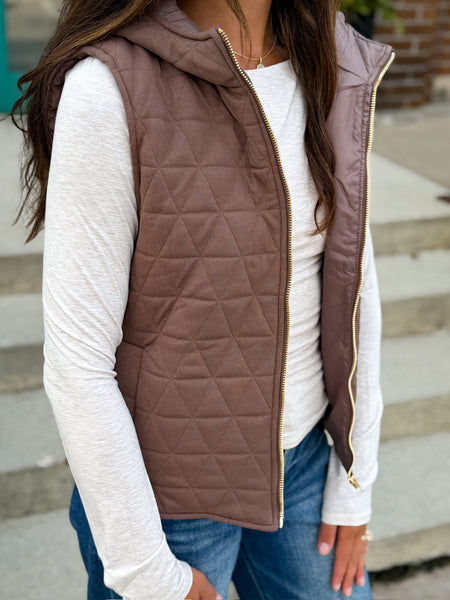 Quin Quilted Gold Full Zip Hooded Vest [mocha, evergreen, taupe]