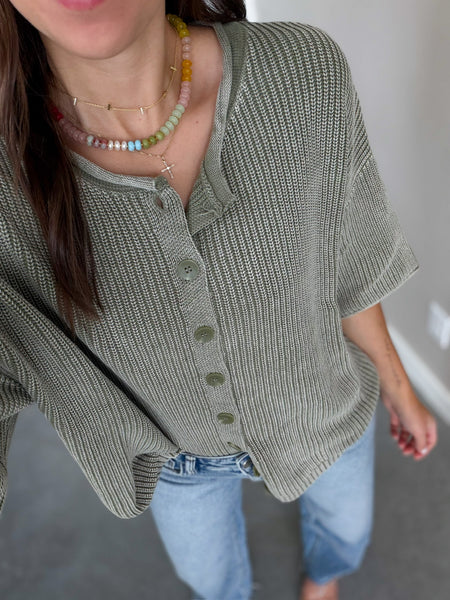 Roxy Button Down Knit Short Sleeves [mocha + olive]