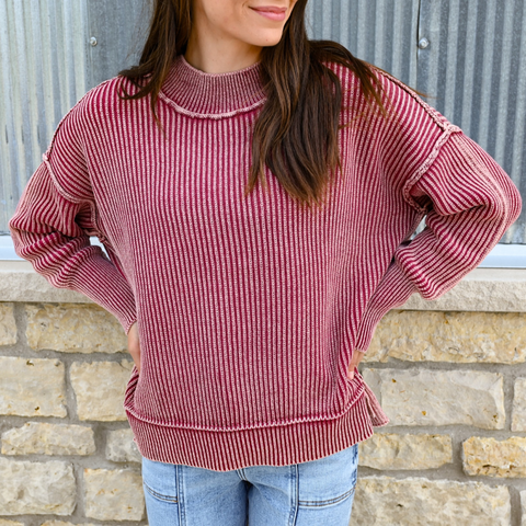 Harvest Acid Wash Sweater [burgundy & blue olive]