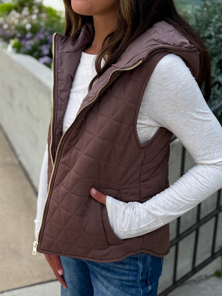 Quin Quilted Gold Full Zip Hooded Vest [mocha, evergreen, taupe]