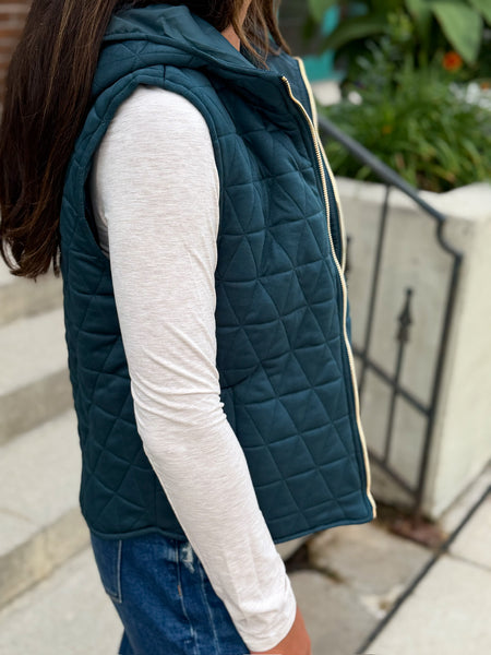 Quin Quilted Gold Full Zip Hooded Vest [mocha, evergreen, taupe]