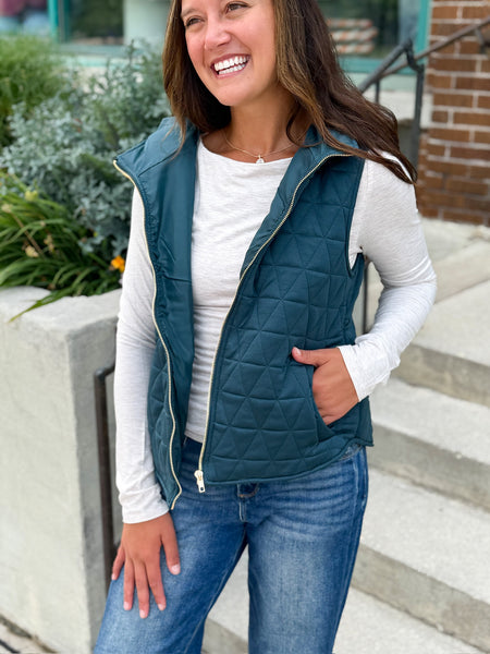 Quin Quilted Gold Full Zip Hooded Vest [mocha, evergreen, taupe]