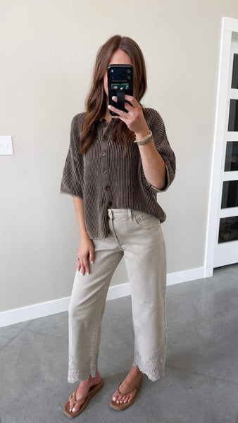 Roxy Button Down Knit Short Sleeves [mocha + olive]