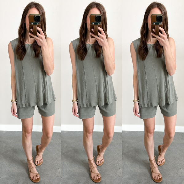 Cali Cotton Ribbed SET [top & shorts] Sage & Taupe