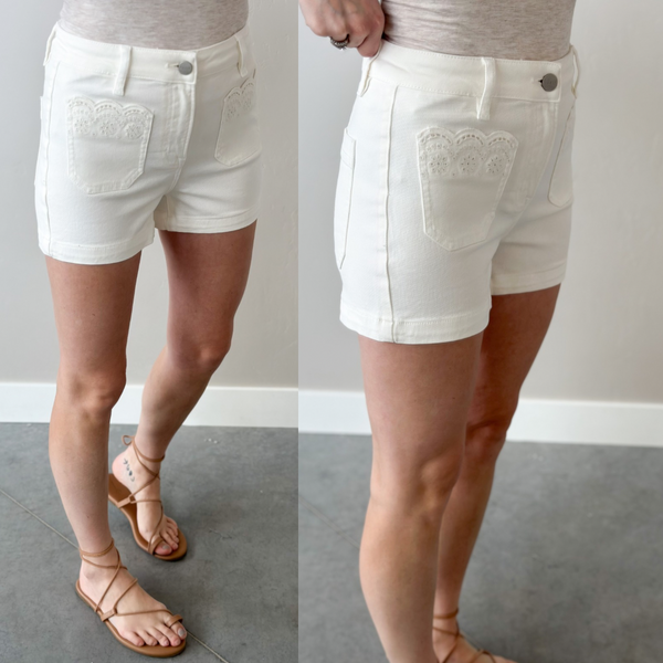 Lace Trim Pocket White Shorts