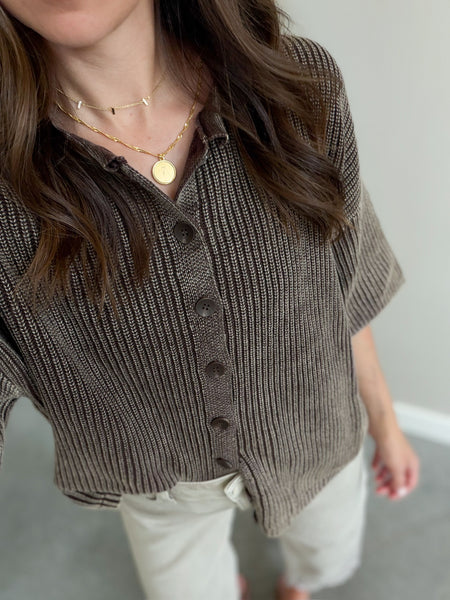 Roxy Button Down Knit Short Sleeves [mocha + olive]