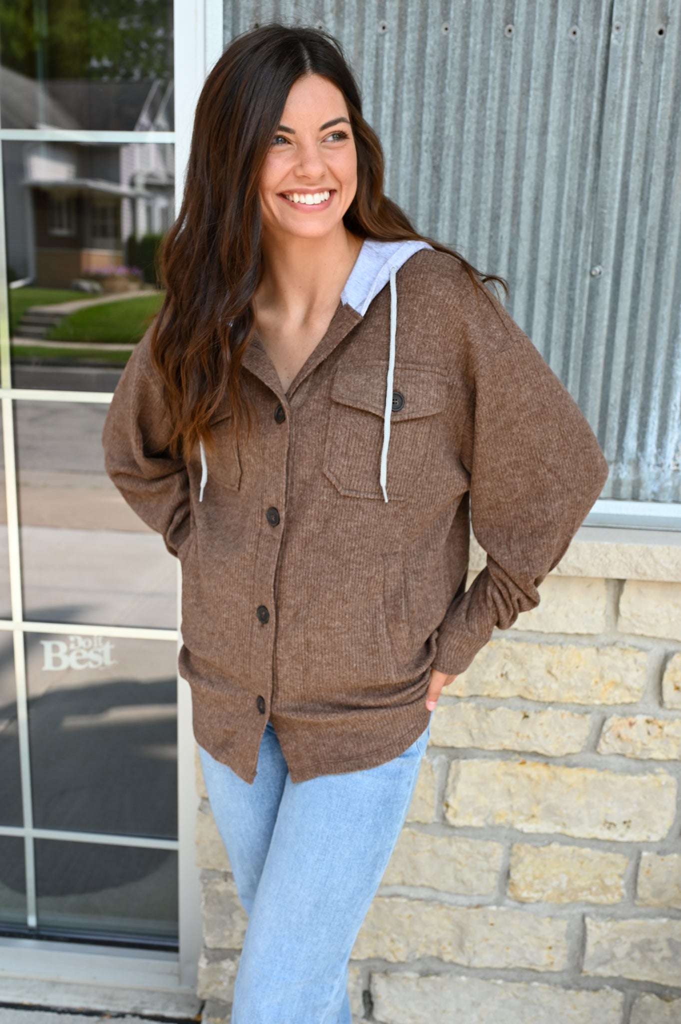 Solid Soft Ribbed Hooded Shacket