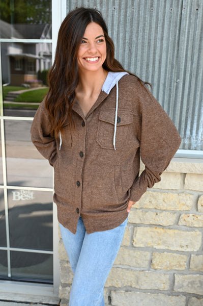 Solid Soft Ribbed Hooded Shacket