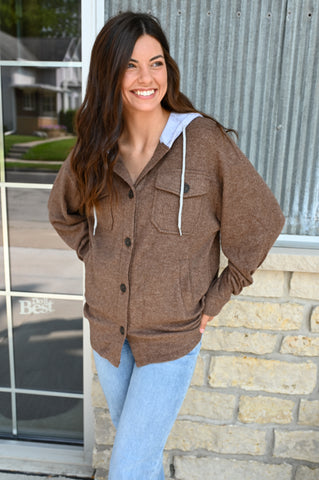 Solid Soft Ribbed Hooded Shacket