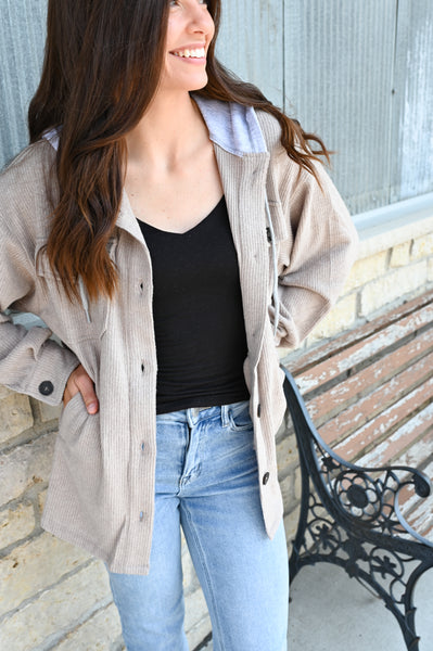 Solid Soft Ribbed Hooded Shacket