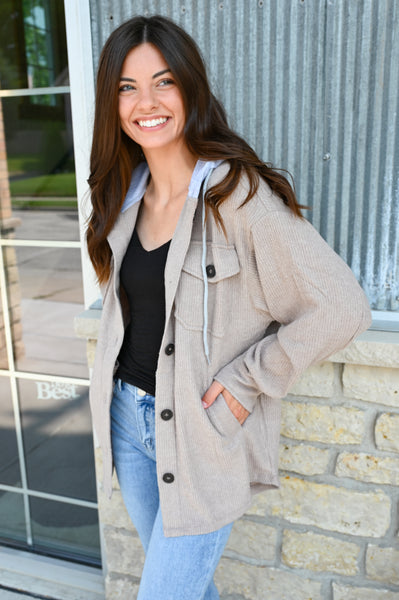 Solid Soft Ribbed Hooded Shacket