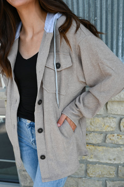 Solid Soft Ribbed Hooded Shacket