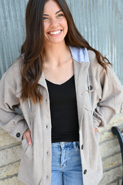 Solid Soft Ribbed Hooded Shacket