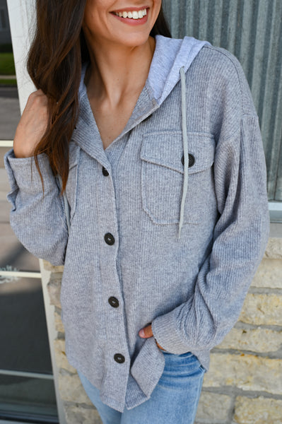 Solid Soft Ribbed Hooded Shacket