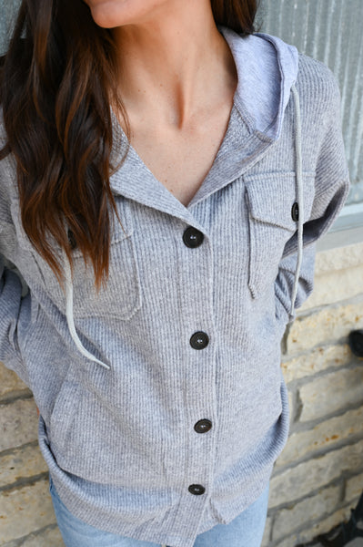 Solid Soft Ribbed Hooded Shacket