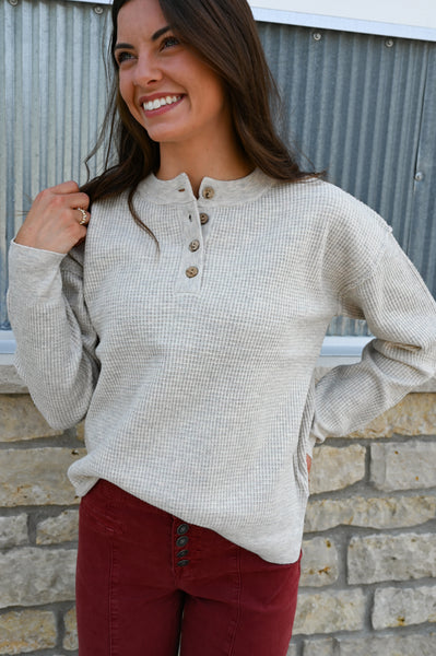 Sweet Heavenly Waffle Henley [camel, teal, olive, oatmeal]
