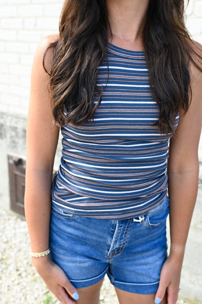 Breya Ribbed Tank [ivory, mocha, blue stripes]