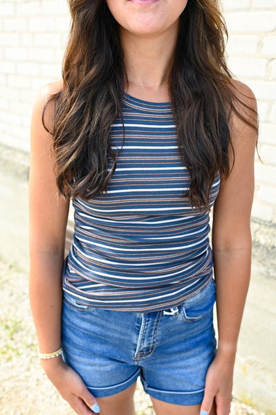 Breya Ribbed Tank [ivory, mocha, blue stripes]