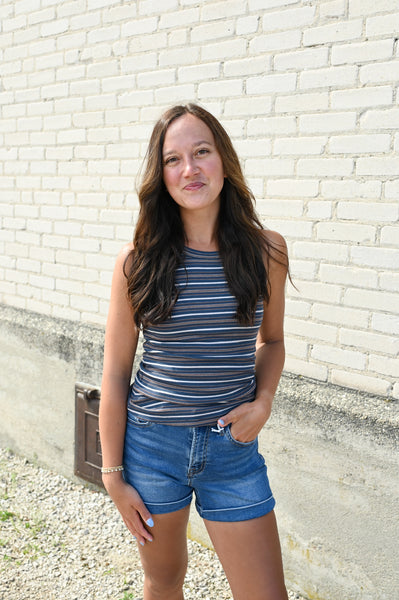 Breya Ribbed Tank [ivory, mocha, blue stripes]