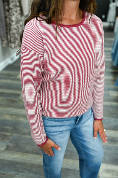 Mauve Waffle Knit Stripe Pullover