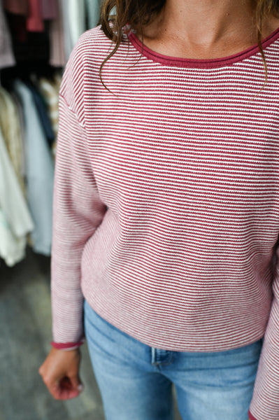 Mauve Waffle Knit Stripe Pullover