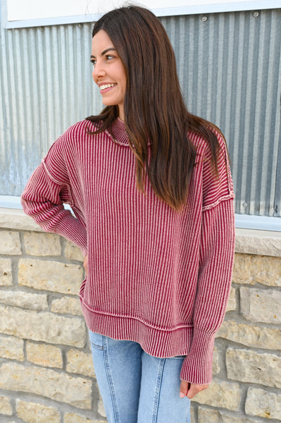 Harvest Acid Wash Sweater [burgundy & blue olive]