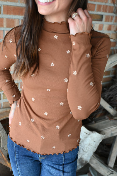 Camel Dainty Floral Ribbed Top