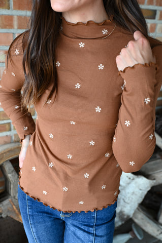 Camel Dainty Floral Ribbed Top