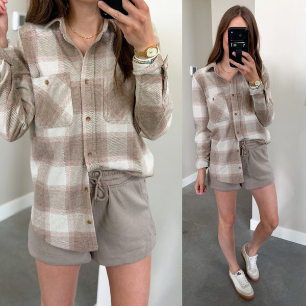 Maple Butter Soft Button Down [pink taupe plaid mix]