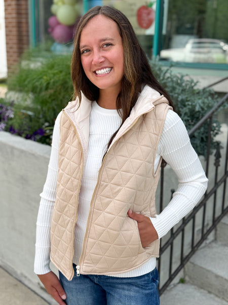 Quin Quilted Gold Full Zip Hooded Vest [mocha, evergreen, taupe]
