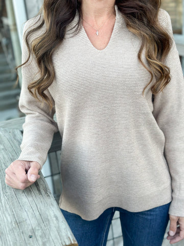 Notched Neck Sweater [Beige]