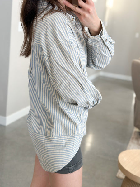 [Dark Mauve & Baby Blue] Stripe Cotton Button Down