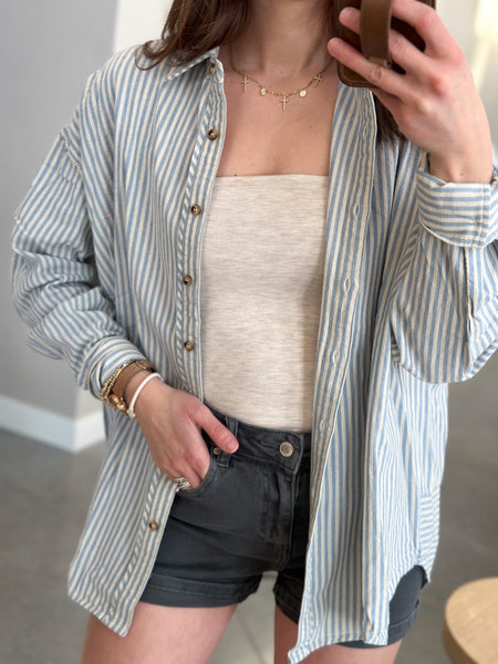 [Dark Mauve & Baby Blue] Stripe Cotton Button Down