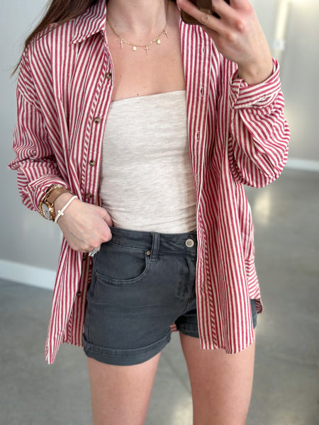 [Dark Mauve & Baby Blue] Stripe Cotton Button Down