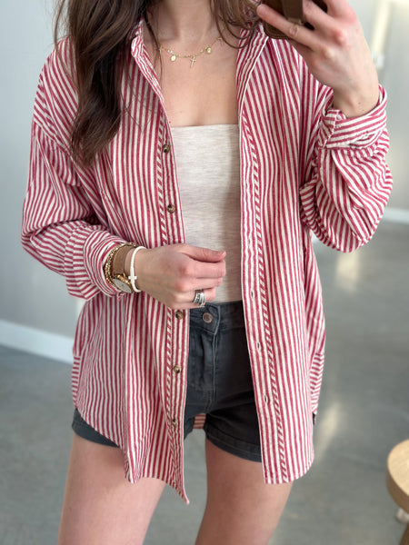 [Dark Mauve & Baby Blue] Stripe Cotton Button Down