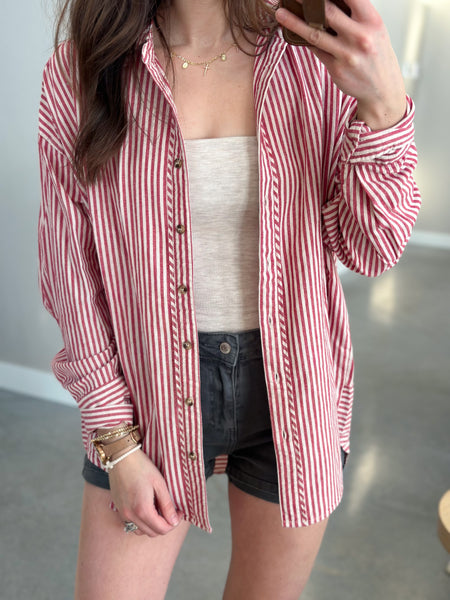 [Dark Mauve & Baby Blue] Stripe Cotton Button Down