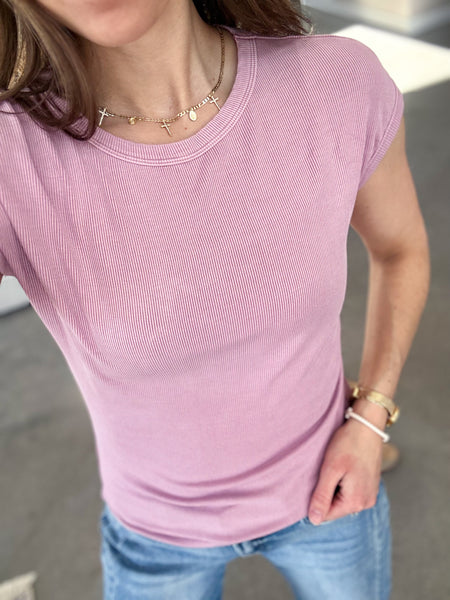 Ann Ribbed Capped Sleeve Tees [sage & spring pink]