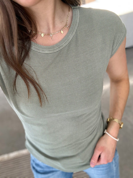 Ann Ribbed Capped Sleeve Tees [sage & spring pink]