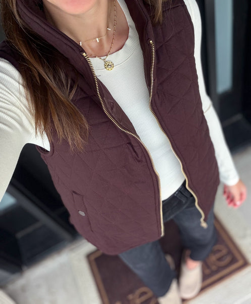 Quinn Gold Zip Quilted Vest [coco burgundy]
