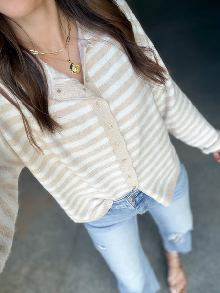 Polished Stripes Button Sweater [oatmeal + oatmeal stripe]