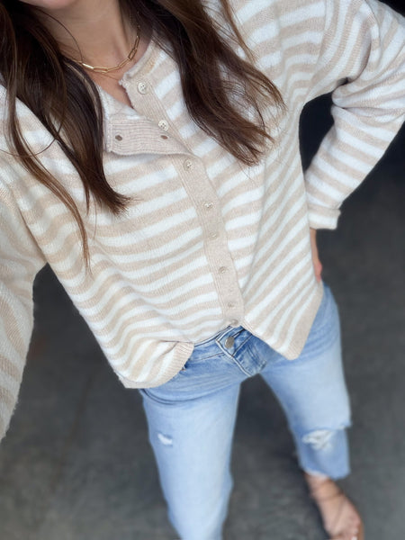 Polished Stripes Button Sweater [oatmeal + oatmeal stripe]