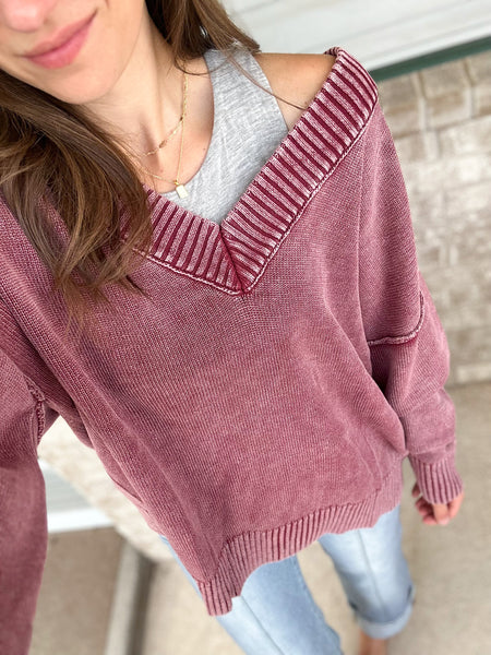 Lived in Acid Wash Sweater [navy & burgundy]
