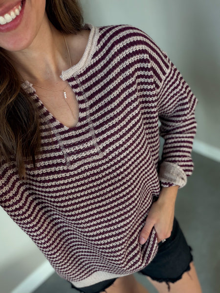 Waffle Knit Notch Neck [plum & camel]