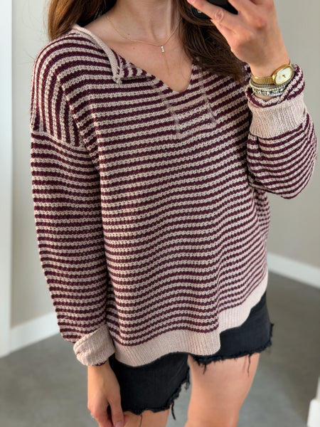 Waffle Knit Notch Neck [plum & camel]
