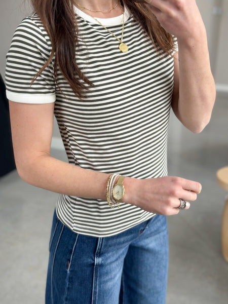 Easy Peasy Stripe Tee [Olive & cranberry]