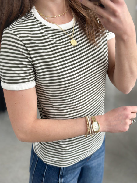Easy Peasy Stripe Tee [Olive & cranberry]