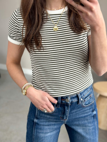 Easy Peasy Stripe Tee [Olive & cranberry]