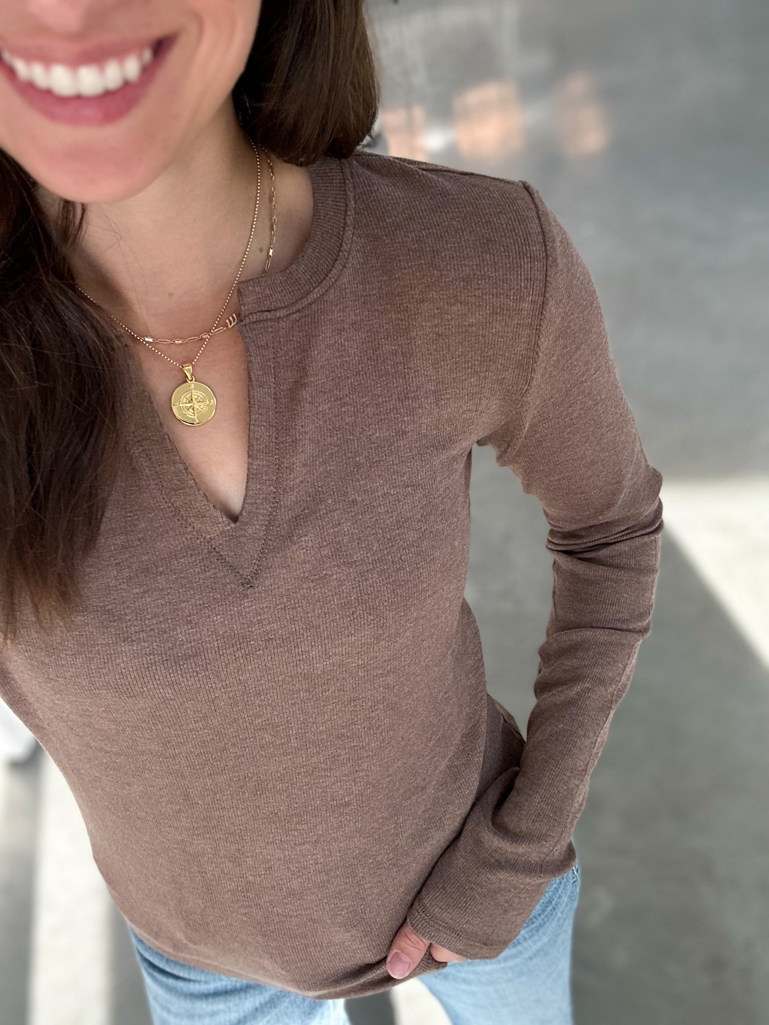 Tabi Ribbed Notch Neck Long Sleeve